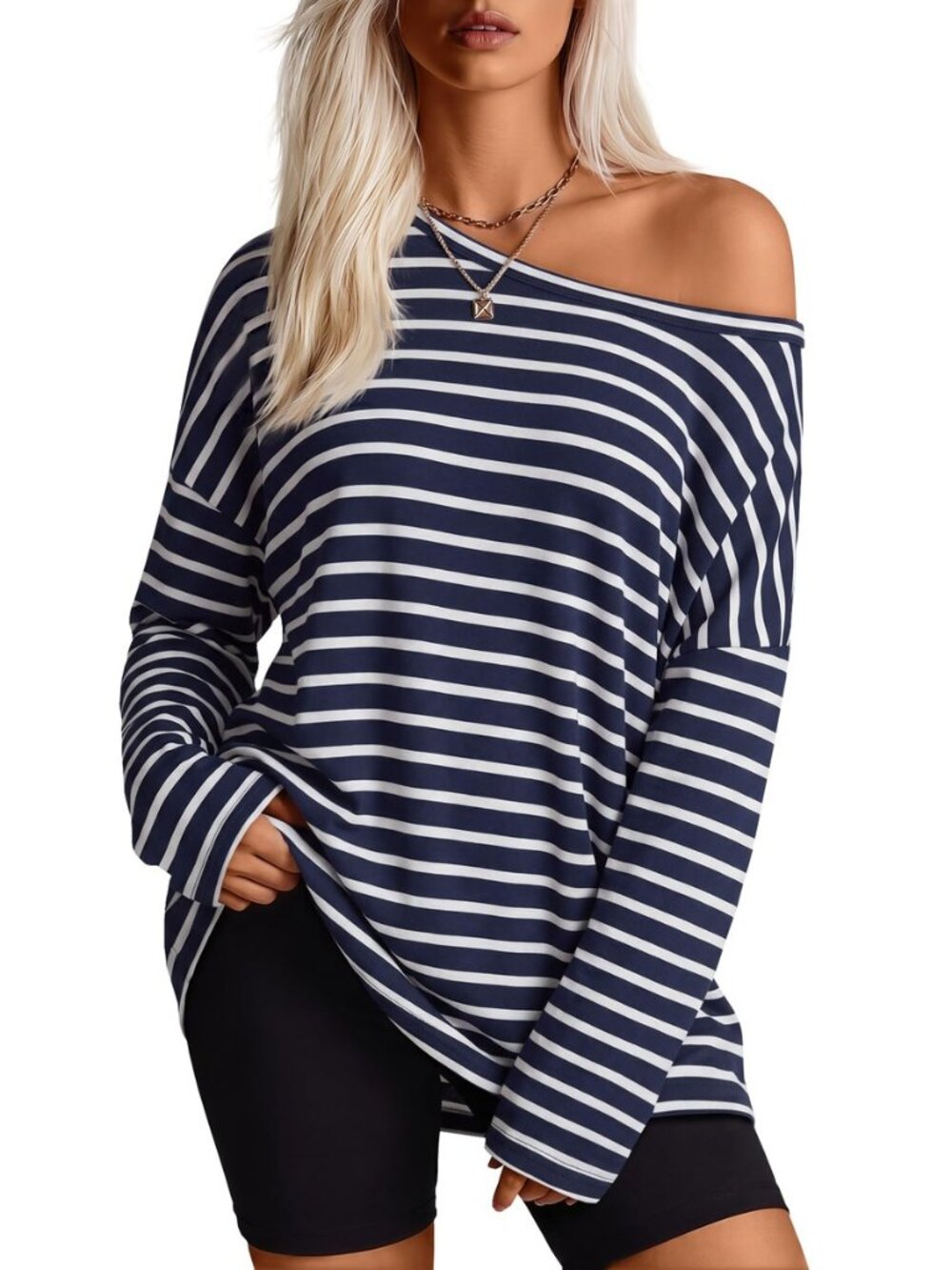 Womens Oversized Off Shoulder Striped T Shirt